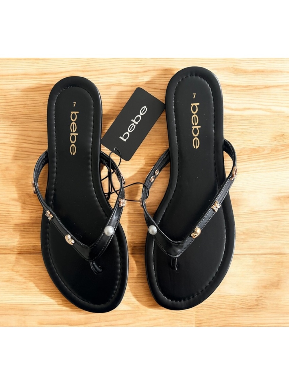 bebe Black Embellished T-Strap Sandals